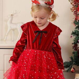 Young Girls Dress Tulle Tutu Red Velvet Tie Collar Button Ruffle L/S Stars